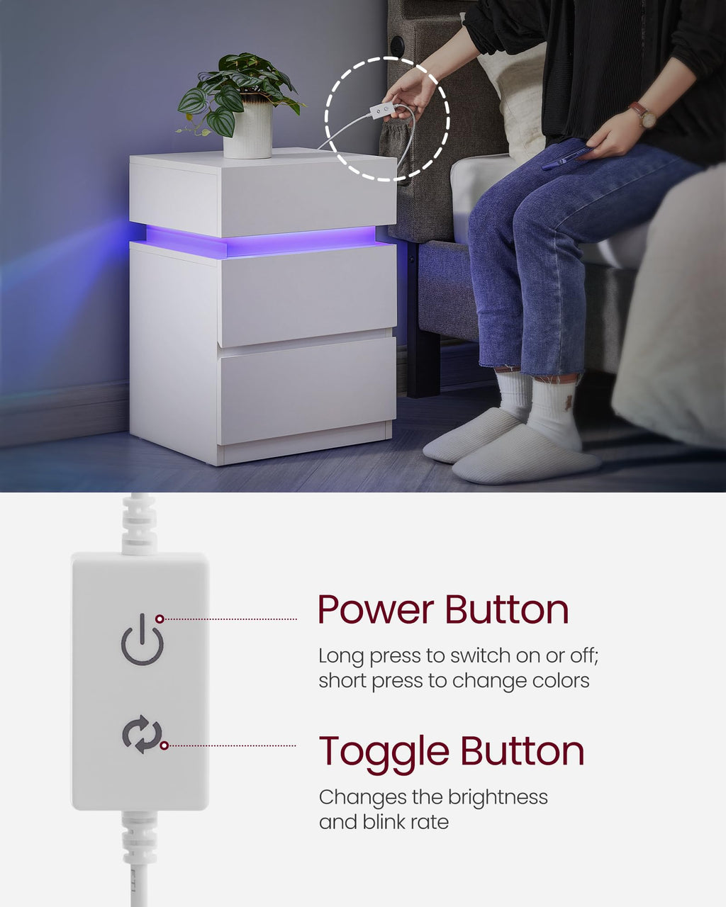 LED Nightstand with Charging Station, 3 Drawers E474508