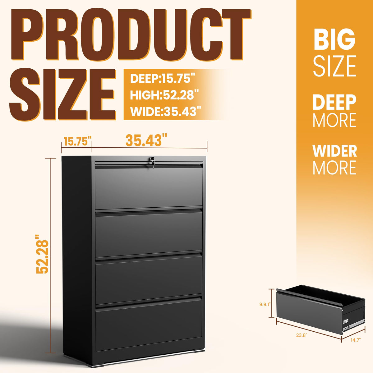 Black 4 Drawer Metal Lateral File Cabinet with Lock Z492973