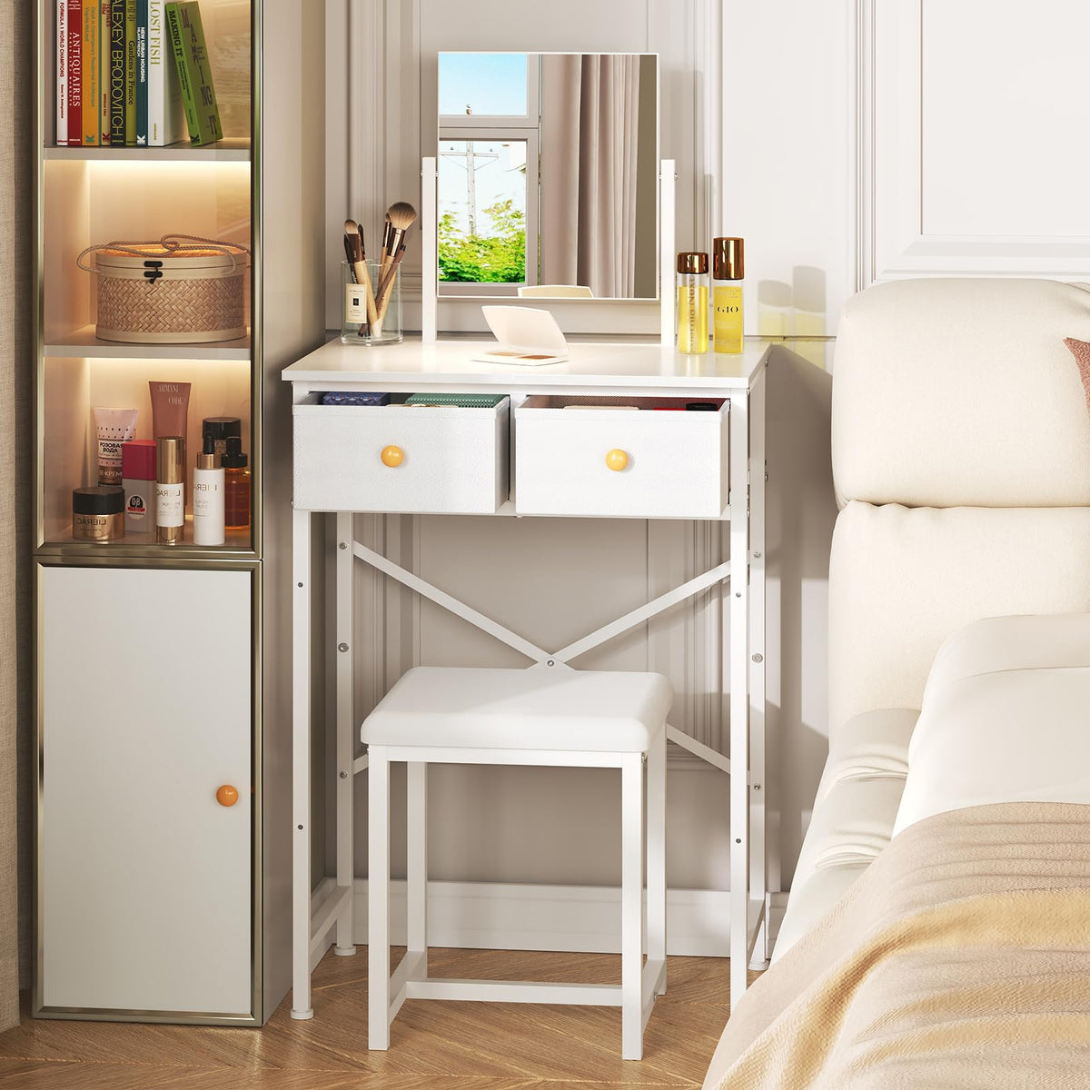 White Compact Vanity Desk with Mirror and Chair U135770