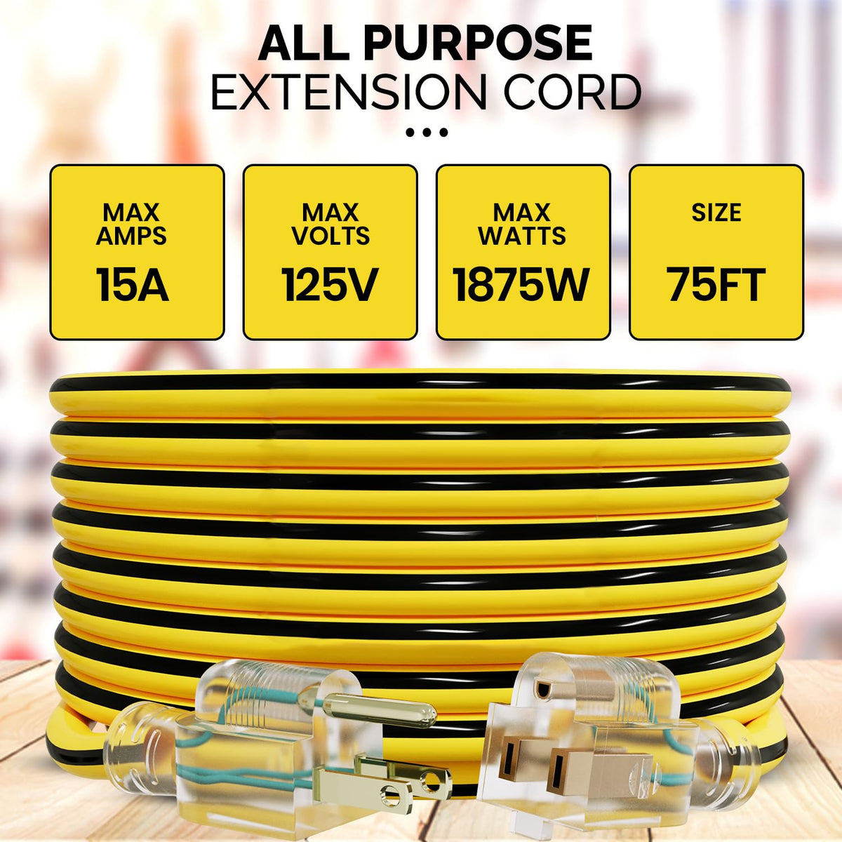 12 Gauge 75 Ft Heavy Duty Extension Cord SJTW Yellow 15Amp 1875W C39017