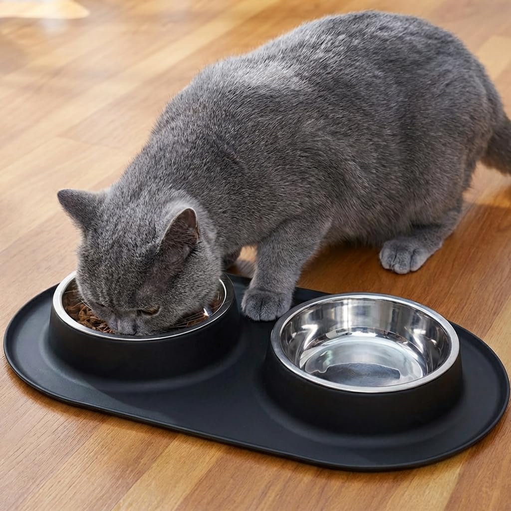 Stainless Steel Cat Food Bowls with Non-Slip Mat, 1.5 Cups Each G98299