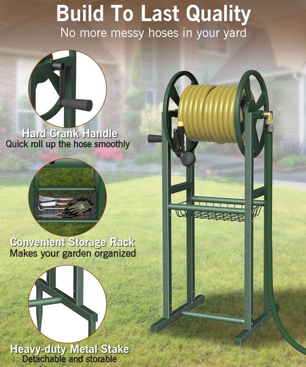 Ground Mount Garden Hose Reel Holds 125 Feet with Storage Rack Y493000