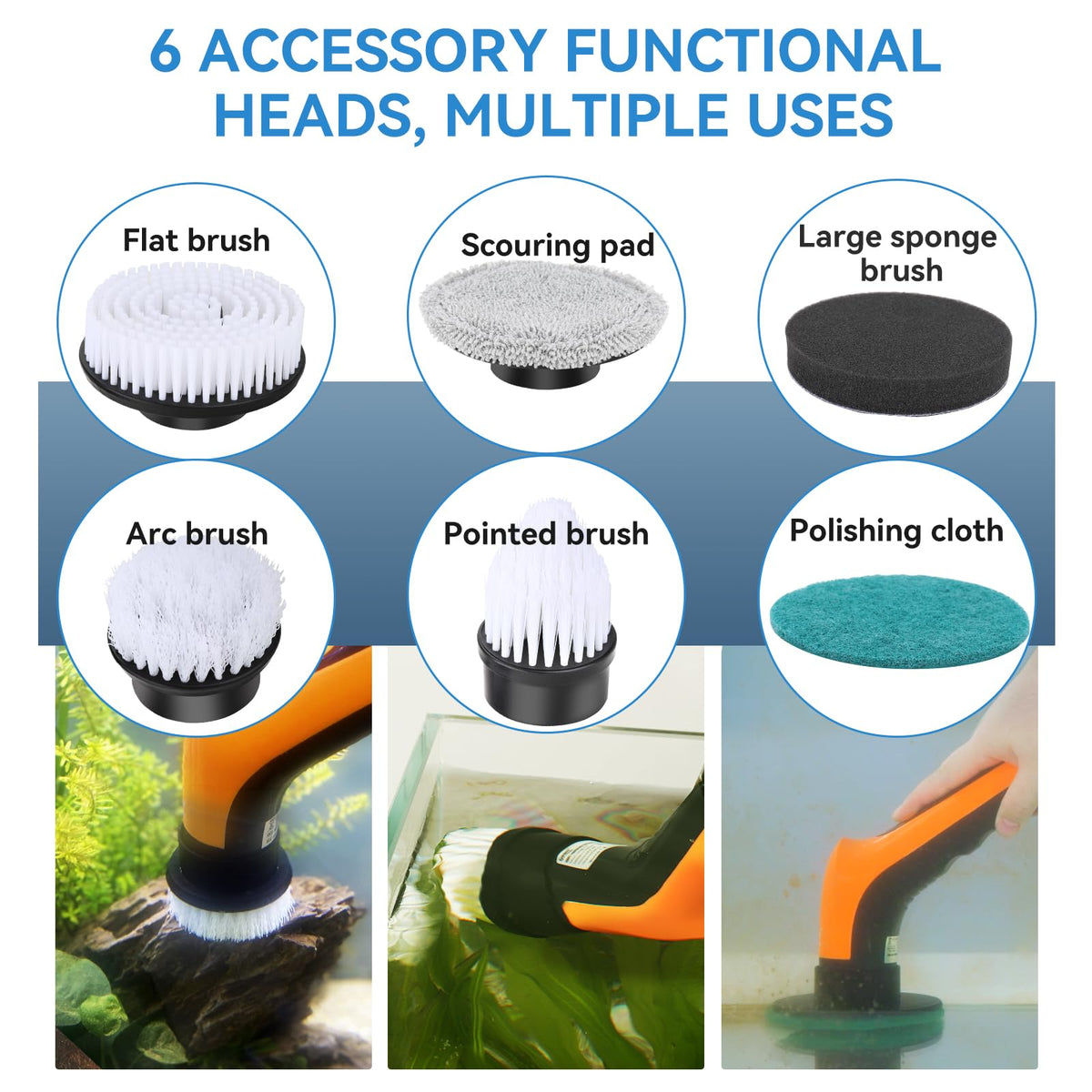 Electric Aquarium Cleaning Brushes with 6 Replaceable Brush Heads M1061