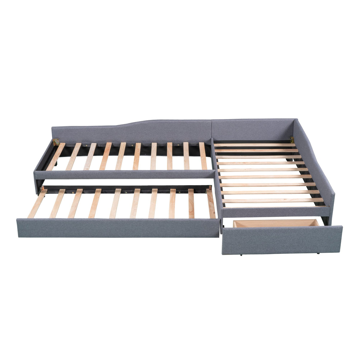 Gray Linen Upholstered Double Twin Size Daybed with Trundle and Drawer M6277