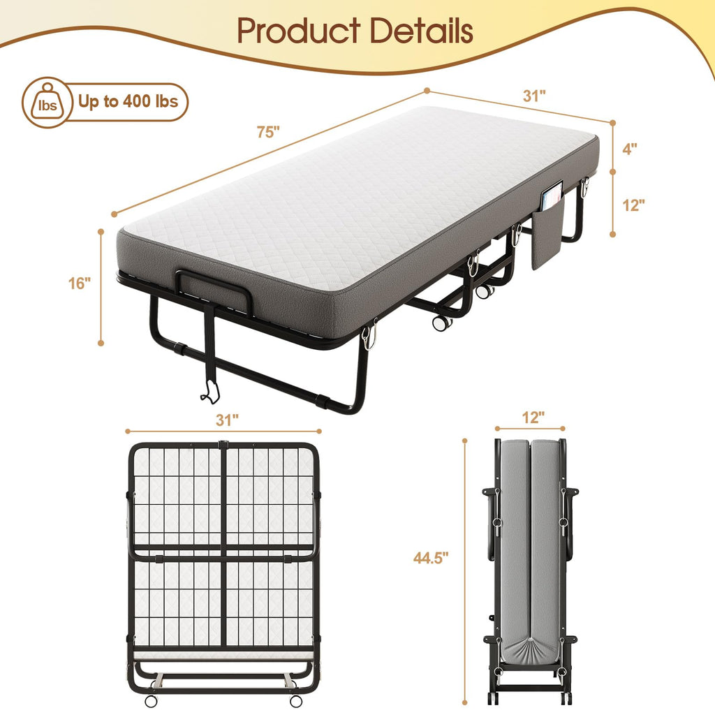 Folding Bed with Mattress, Memory Mattress Metal Frame Single Bed O11149