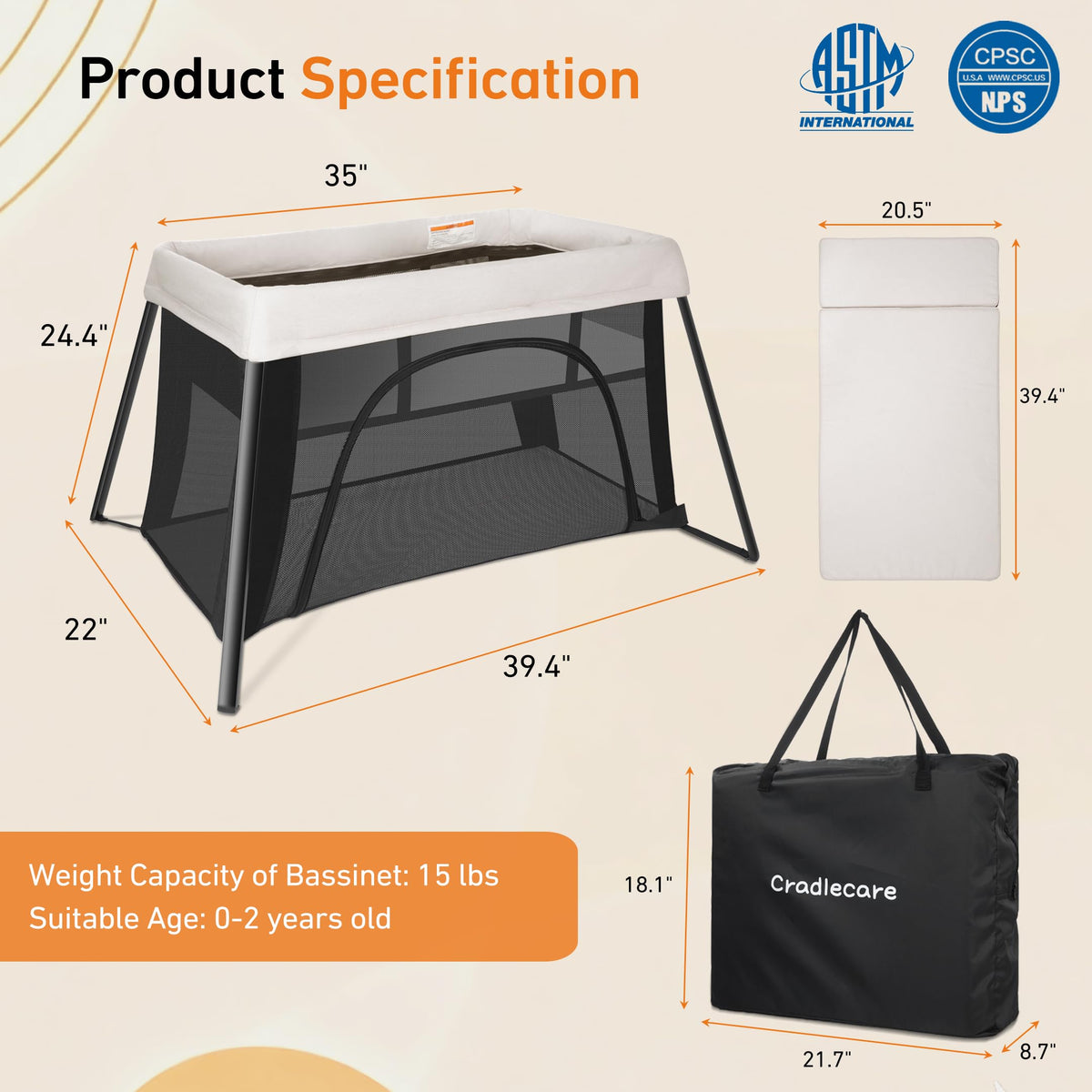 Beige Portable Travel Bassinet H8587