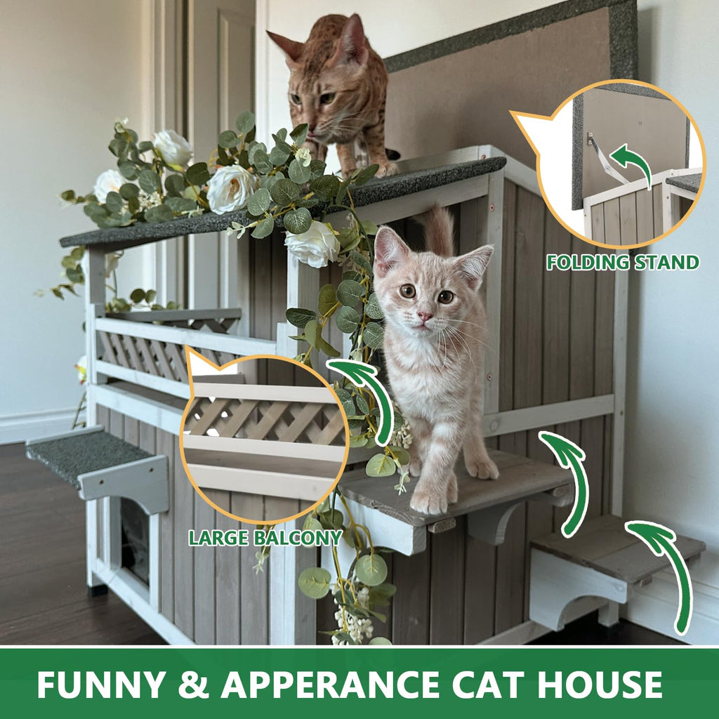 Weatherproof 2-Story Outdoor Cat House with Balcony H61664
