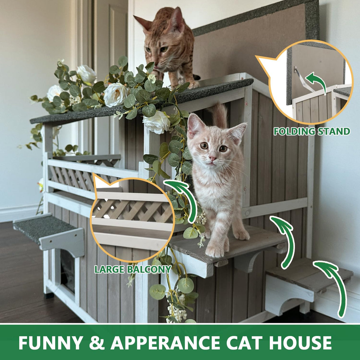 Weatherproof 2-Story Outdoor Cat House with Balcony H61664