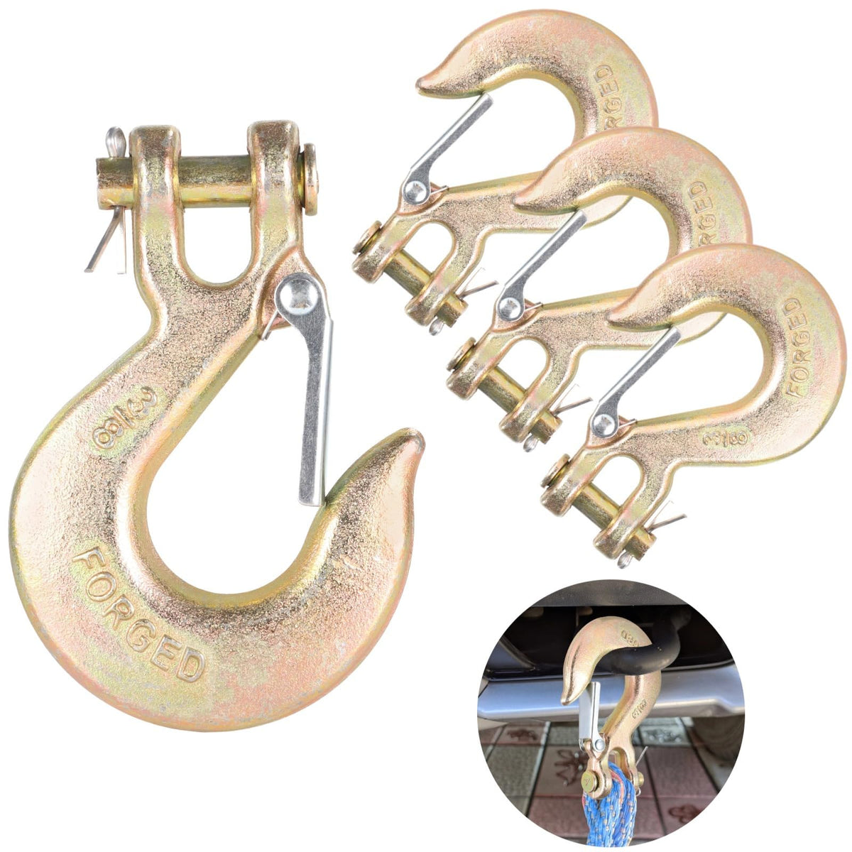 4-Pack 3/8 Forged Clevis Slip Hooks with Safety Latch W2012