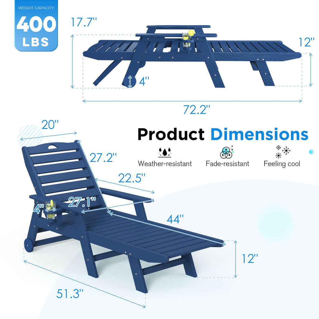 Set of 2 Outdoor Chaise Lounge Chairs with Wheels & Cup Holder Q4280
