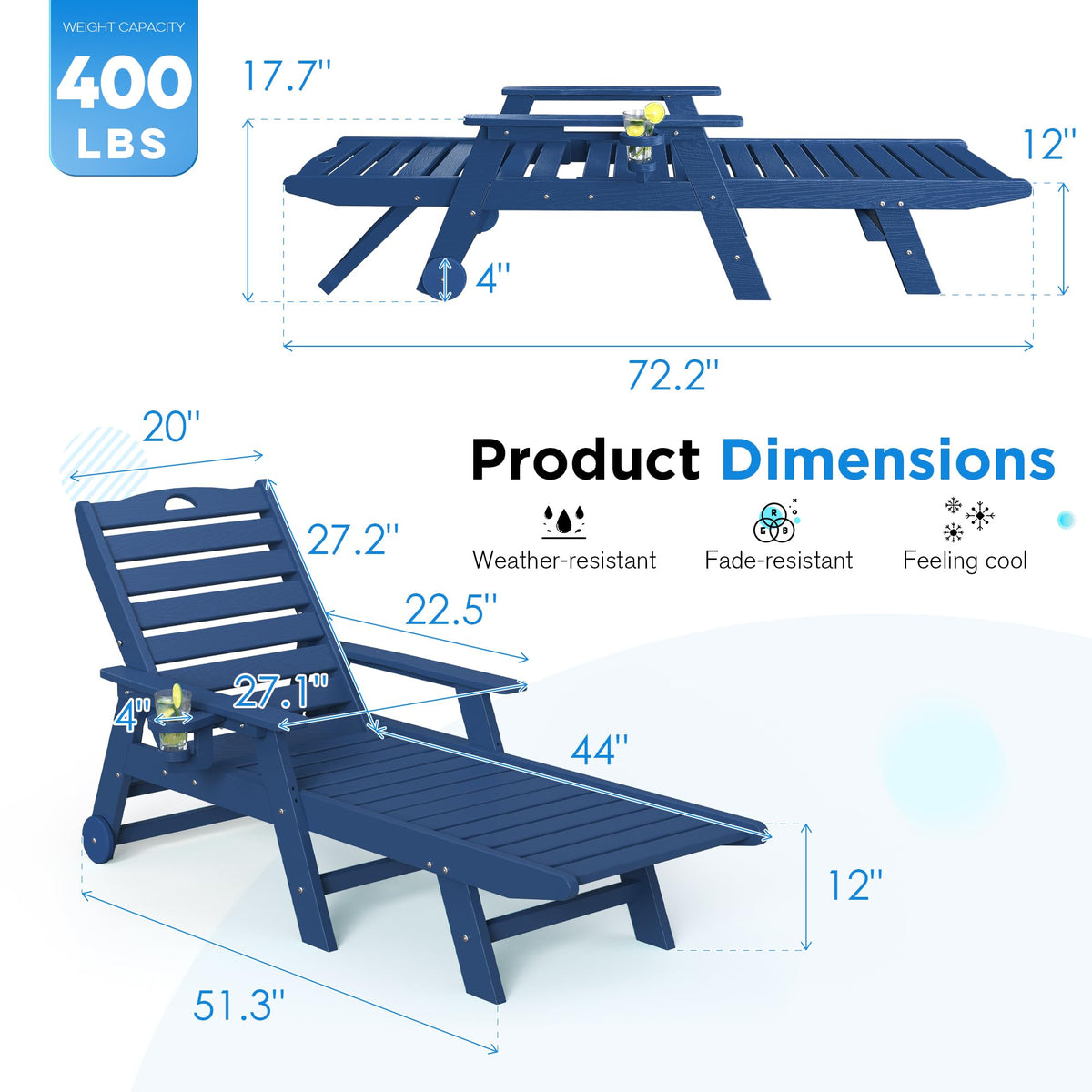 Set of 2 Outdoor Chaise Lounge Chairs with Wheels & Cup Holder Q4280