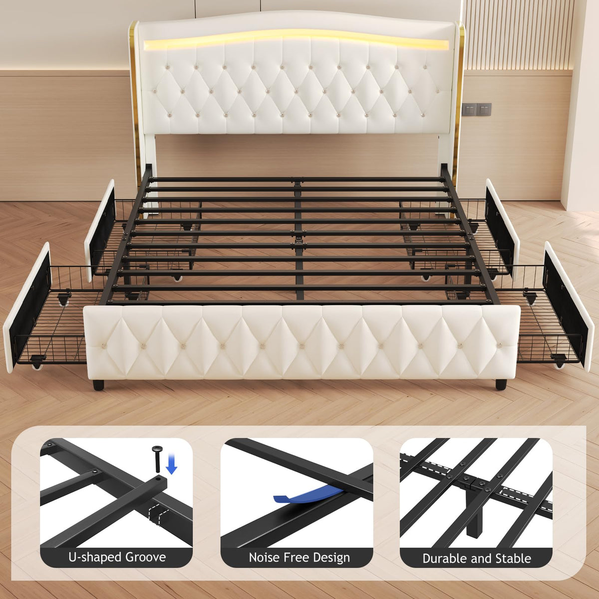 White Full Size Bed Frame with 4 Storage Drawers H4600