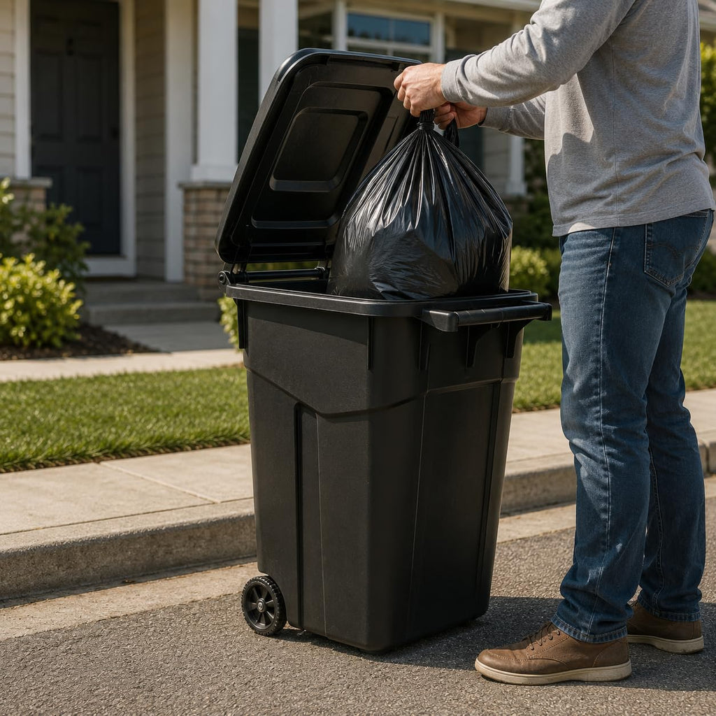 45 Gallon Black Outdoor Trash Can with Wheels and Attached Lid P735