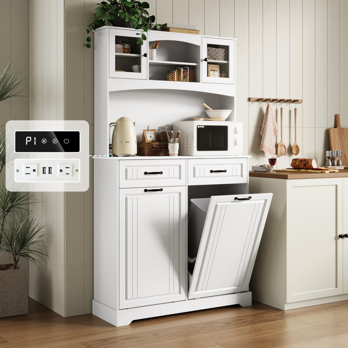 Tilt Out Trash Can Cabinet with Power Outlet M80728