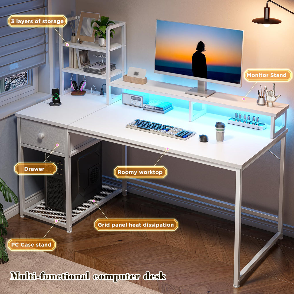44" White Gaming Desk with Hutch & Shelves W290300