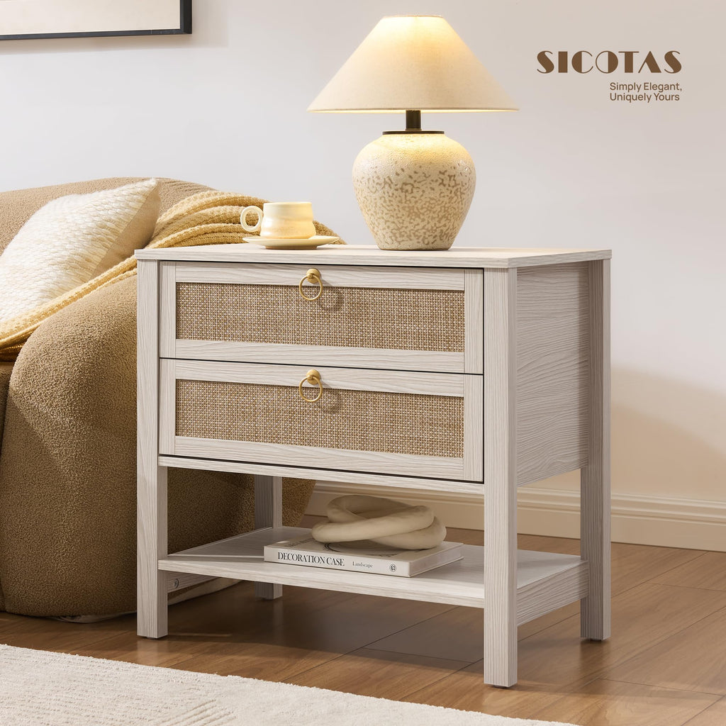 White Rattan Nightstand with 2 Drawers W928