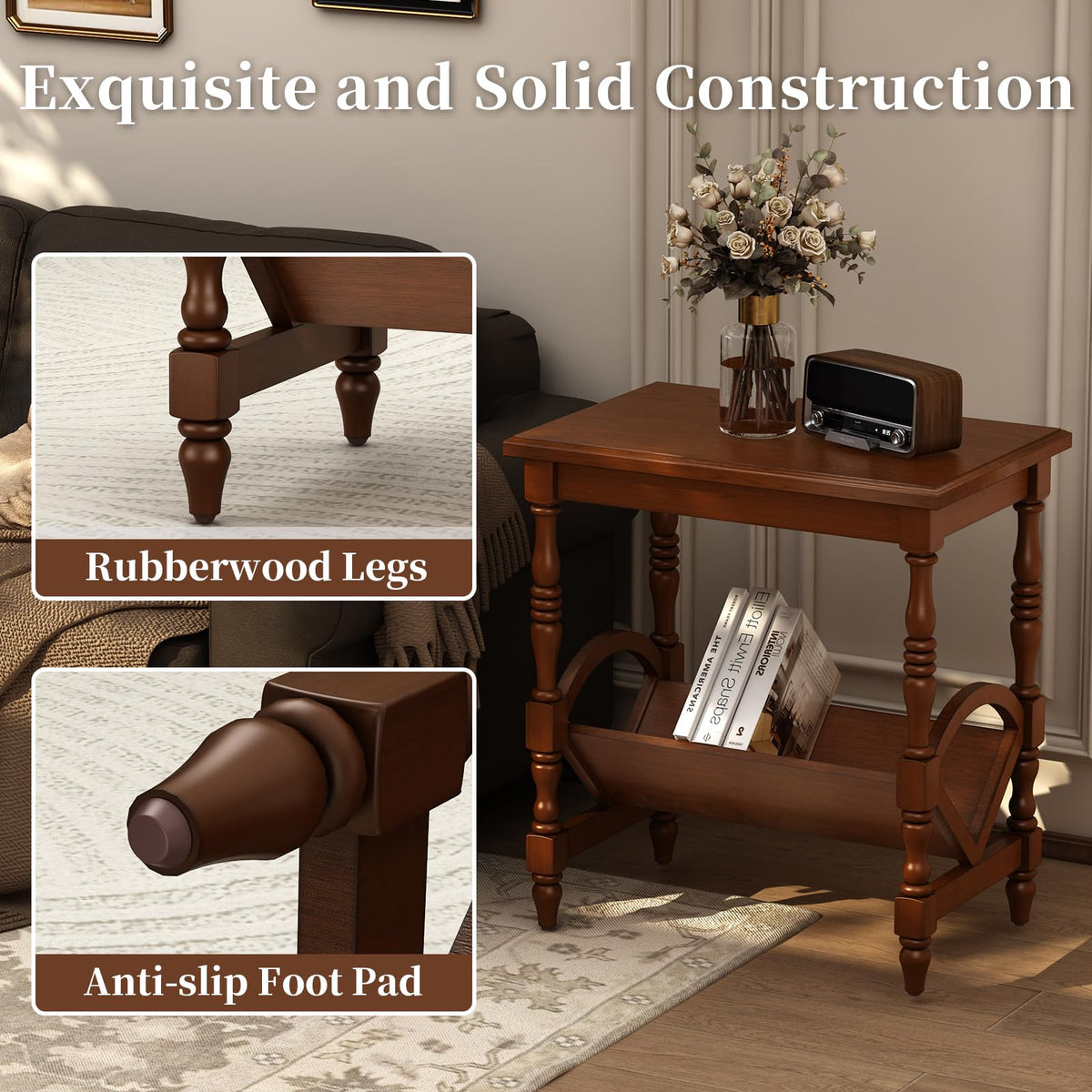 Wood End Table with Magazine Rack and Rubberwood Legs O856