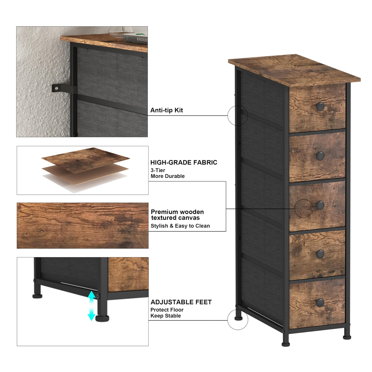 Narrow 5 Drawers Fabric Dresser P95893