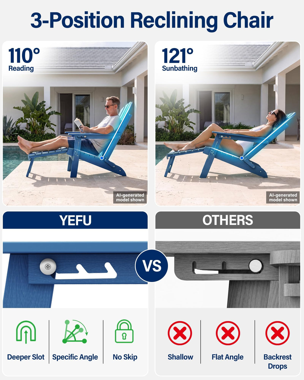 Blue HDPE Adirondack Chairs with Footrest Set of 4 Y97631
