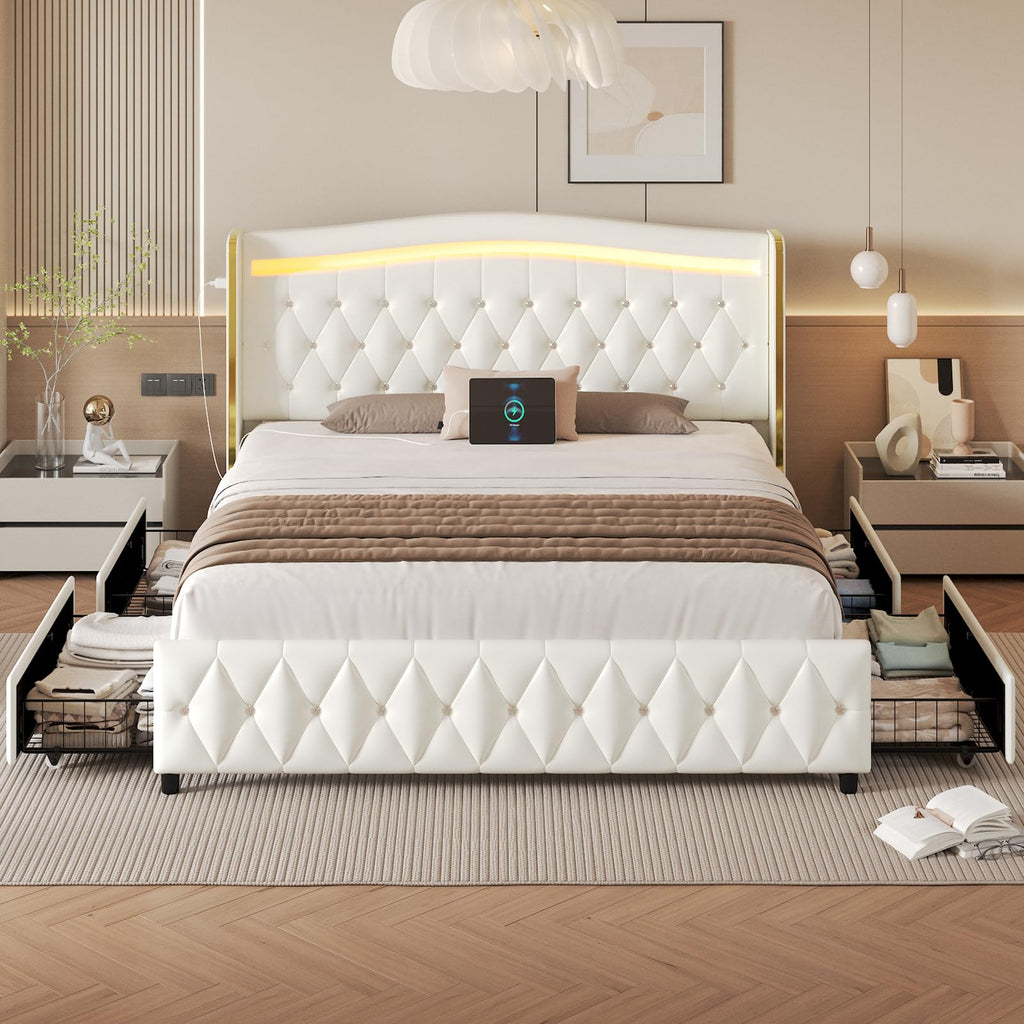 White Full Size Bed Frame with 4 Storage Drawers H4600