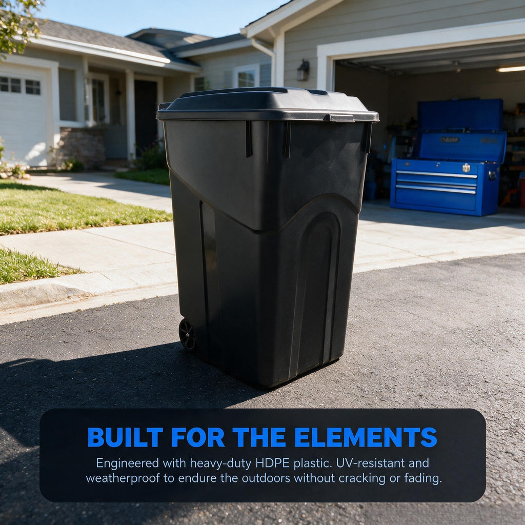 45 Gallon Black Outdoor Trash Can with Wheels and Attached Lid P735