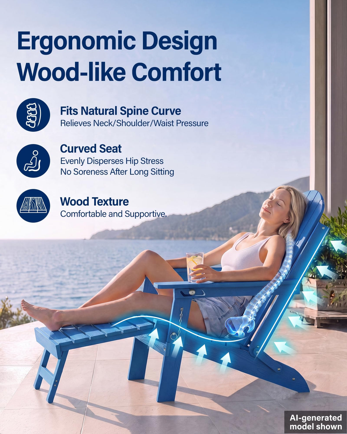 Blue HDPE Adirondack Chairs with Footrest Set of 4 Y97631