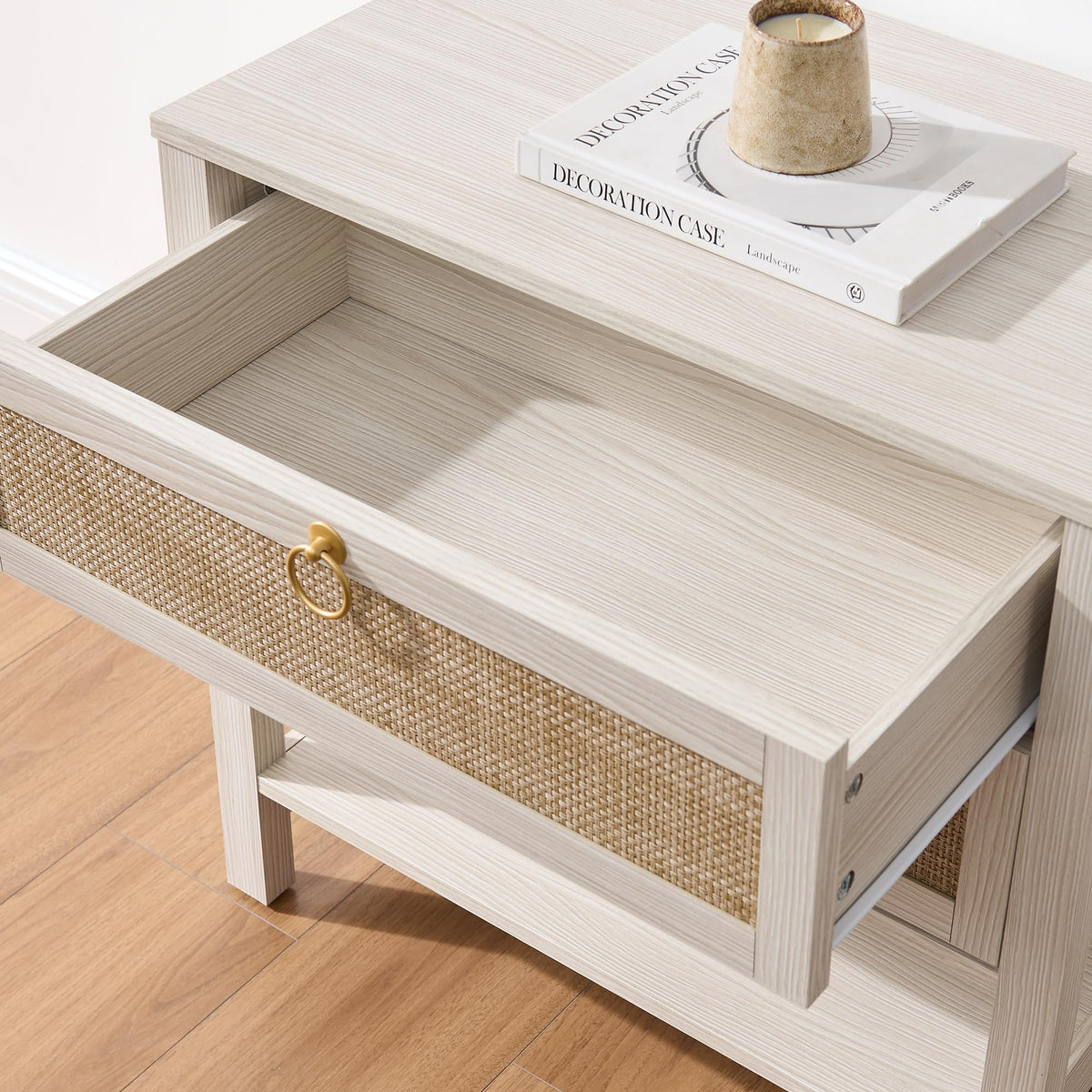 White Rattan Nightstand with 2 Drawers W928