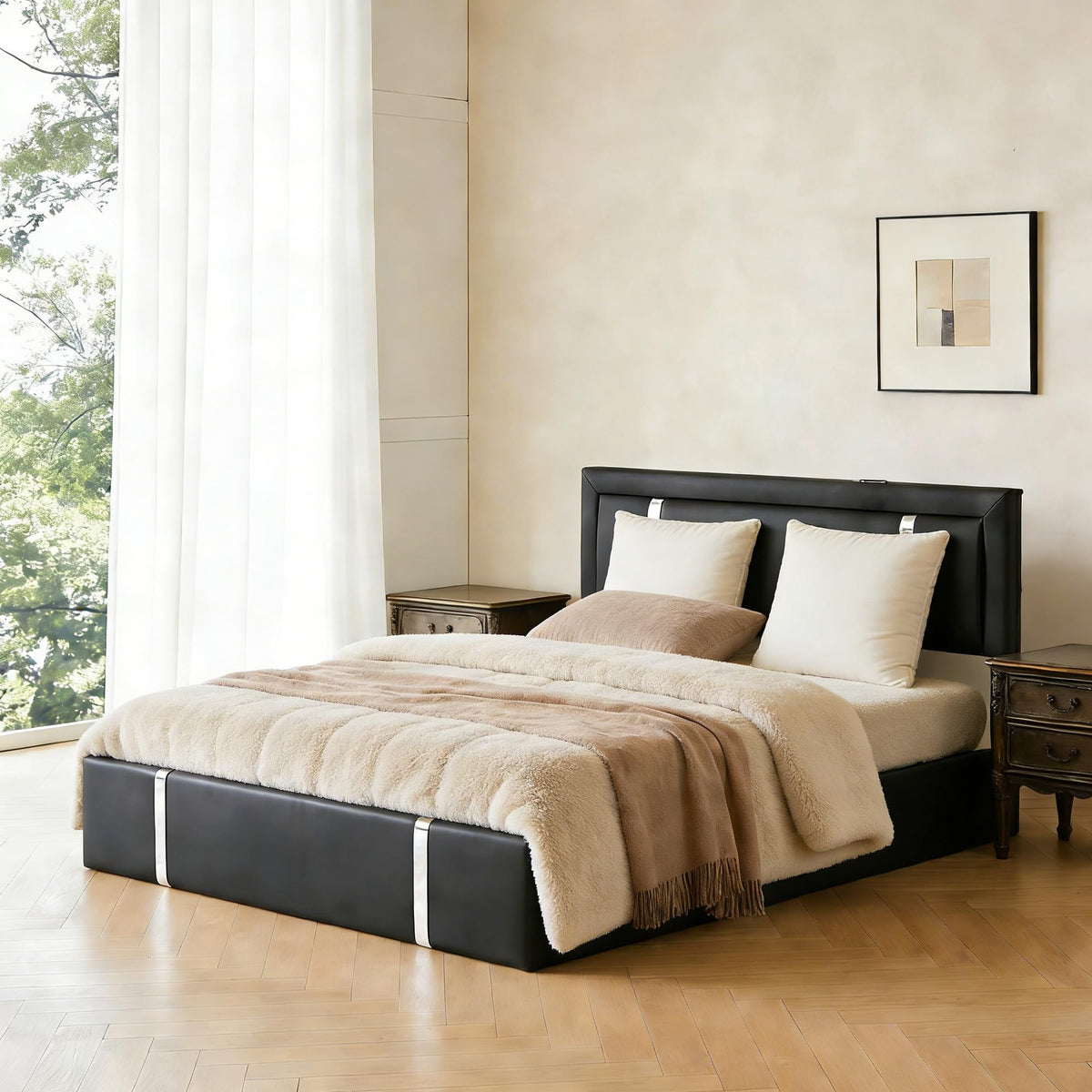 Black Faux Leather Upholstered Full Size Bed Frame with LED Headboard and USB Ports P864367