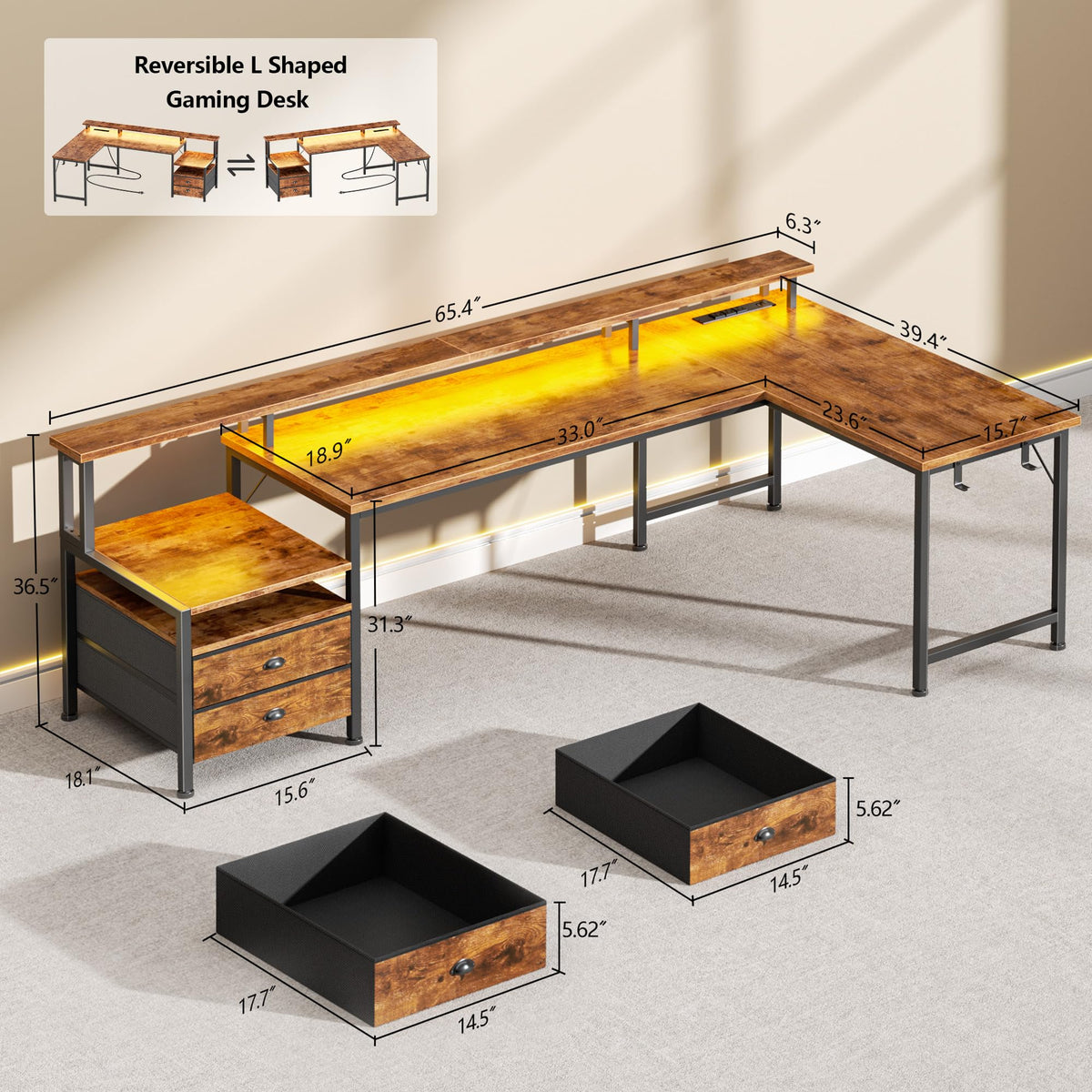 66'' L Shaped Computer Desk with Storage Drawers T668421