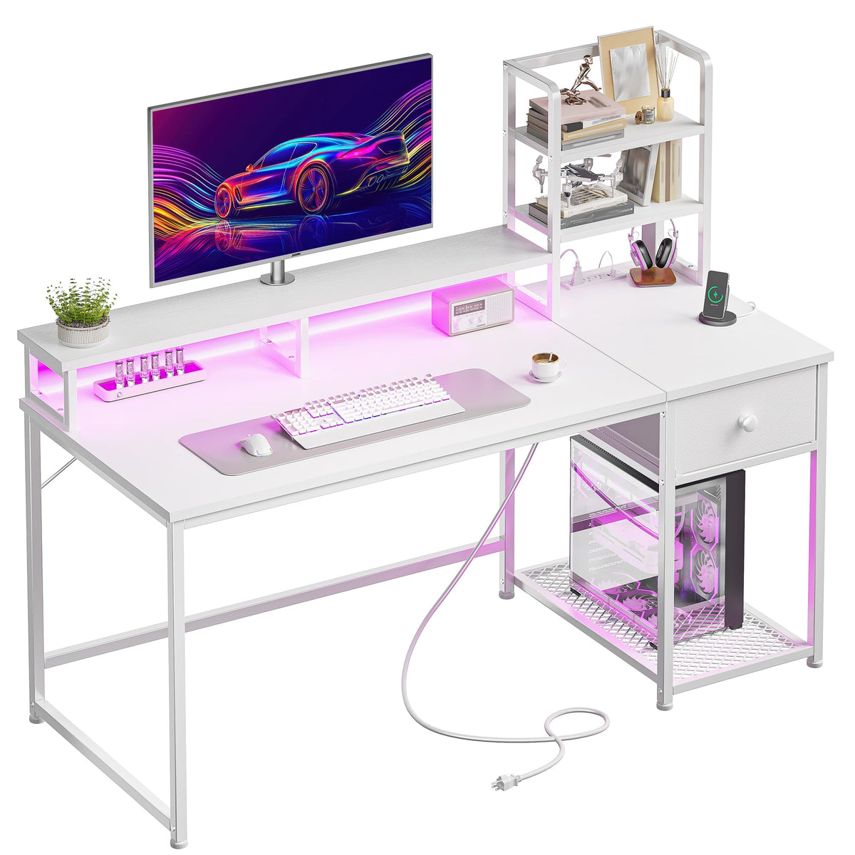 44" White Gaming Desk with Hutch & Shelves W290300