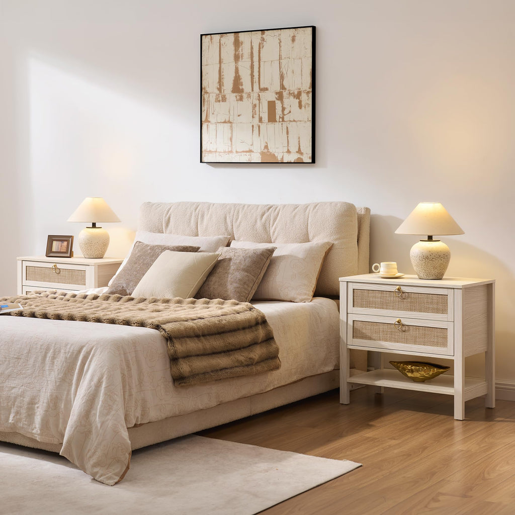 White Rattan Nightstand with 2 Drawers W928