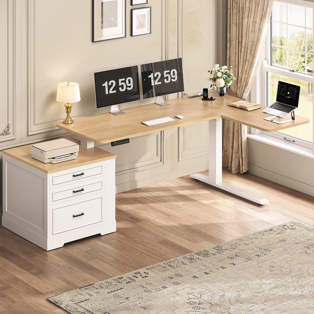 L Shaped Height Adjustable Standing Desk with 3 Drawers W29963