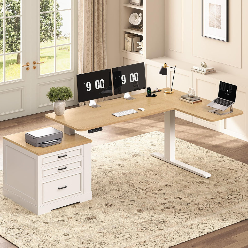 L Shaped Height Adjustable Standing Desk with 3 Drawers W29963