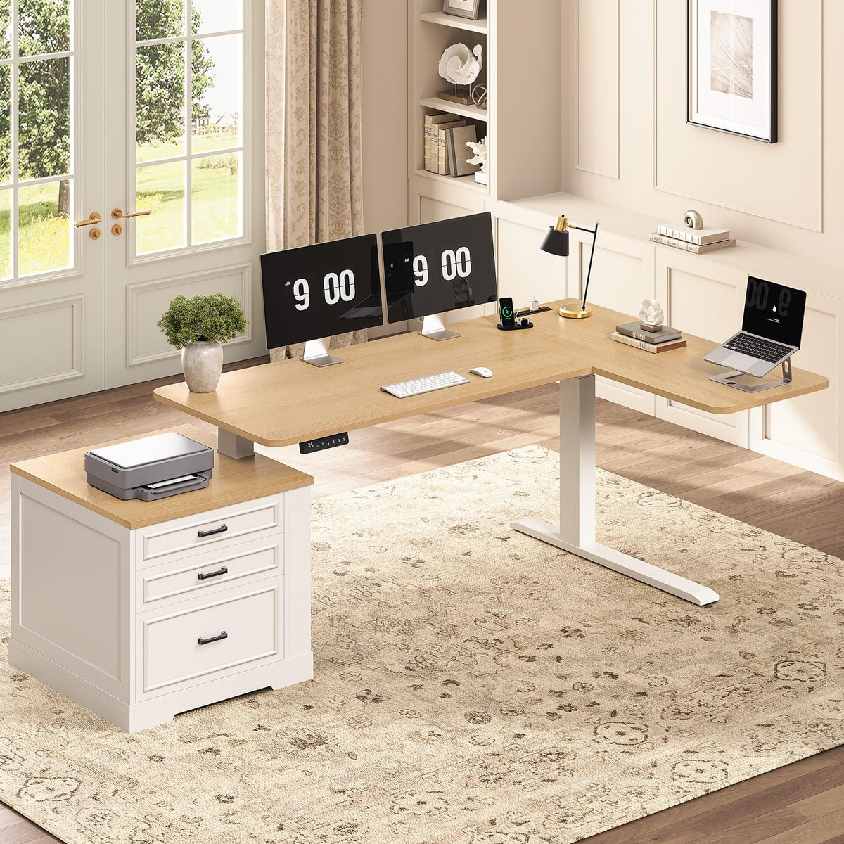 L Shaped Height Adjustable Standing Desk with 3 Drawers W29963