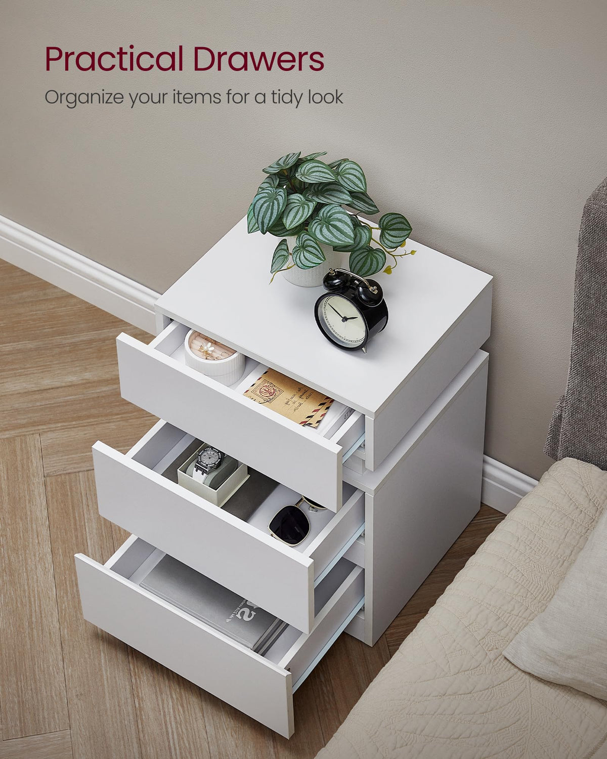 LED Nightstand with Charging Station, 3 Drawers E474508