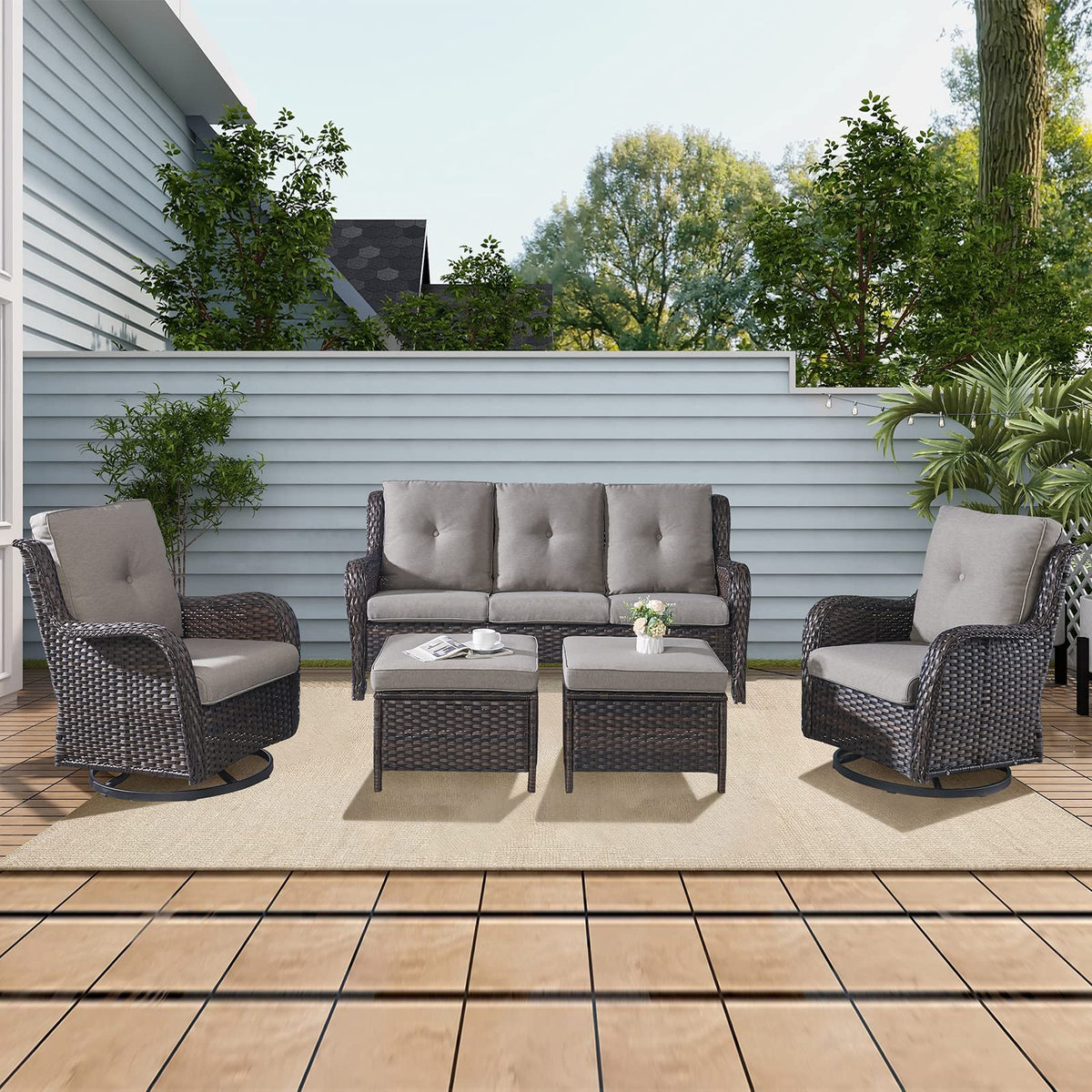 5 Piece Rattan Wicker Patio Furniture Set with Swivel Rocker Chairs Ottomans and Sofa N964