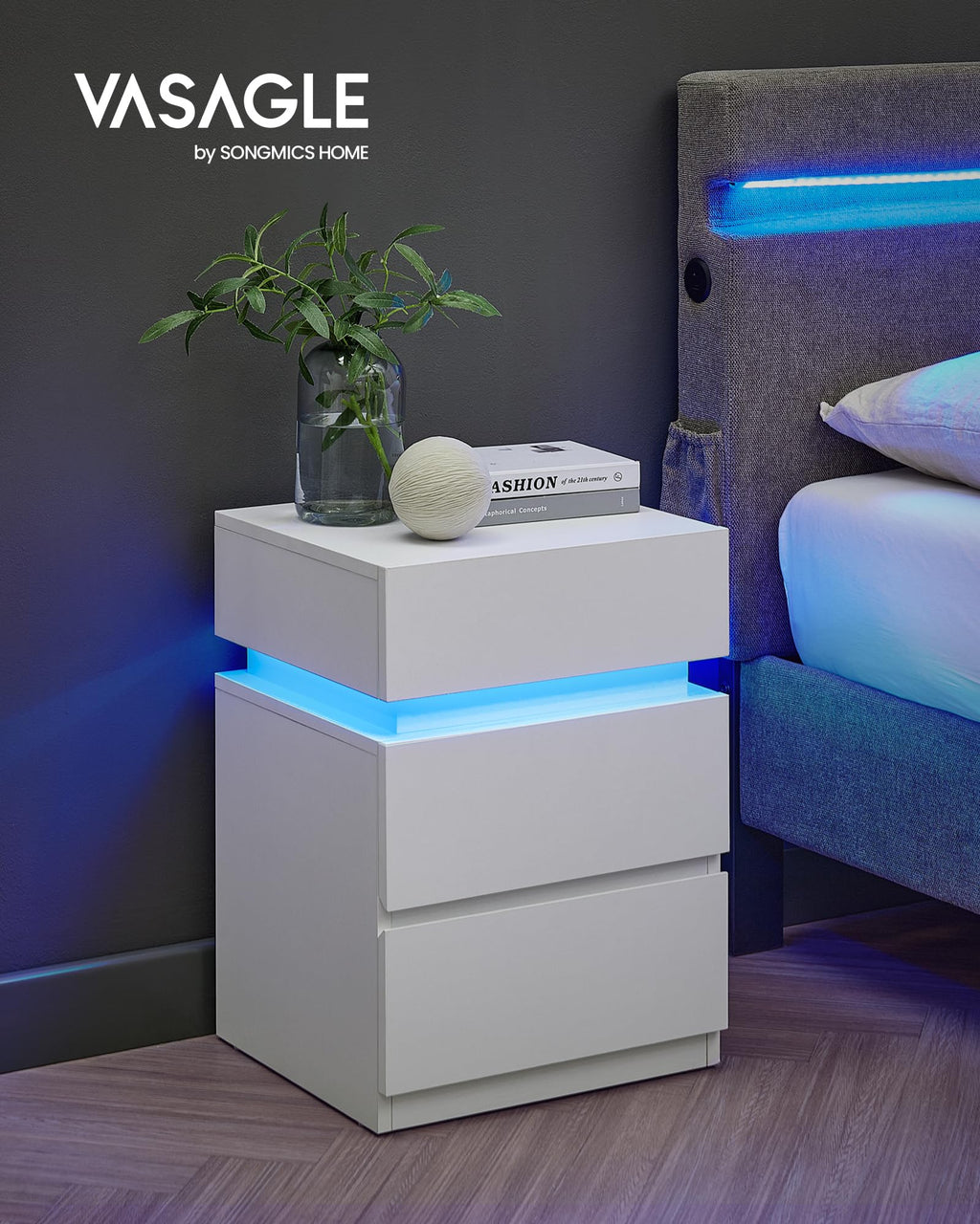 LED Nightstand with Charging Station, 3 Drawers E474508