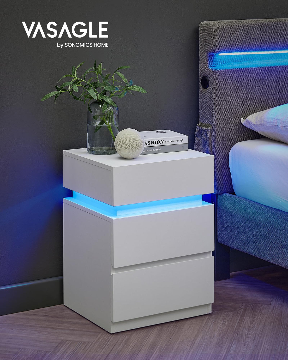 LED Nightstand with Charging Station, 3 Drawers E474508