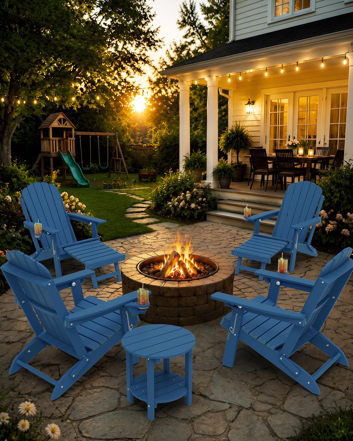 Blue HDPE Adirondack Chairs with Footrest Set of 4 Y97631
