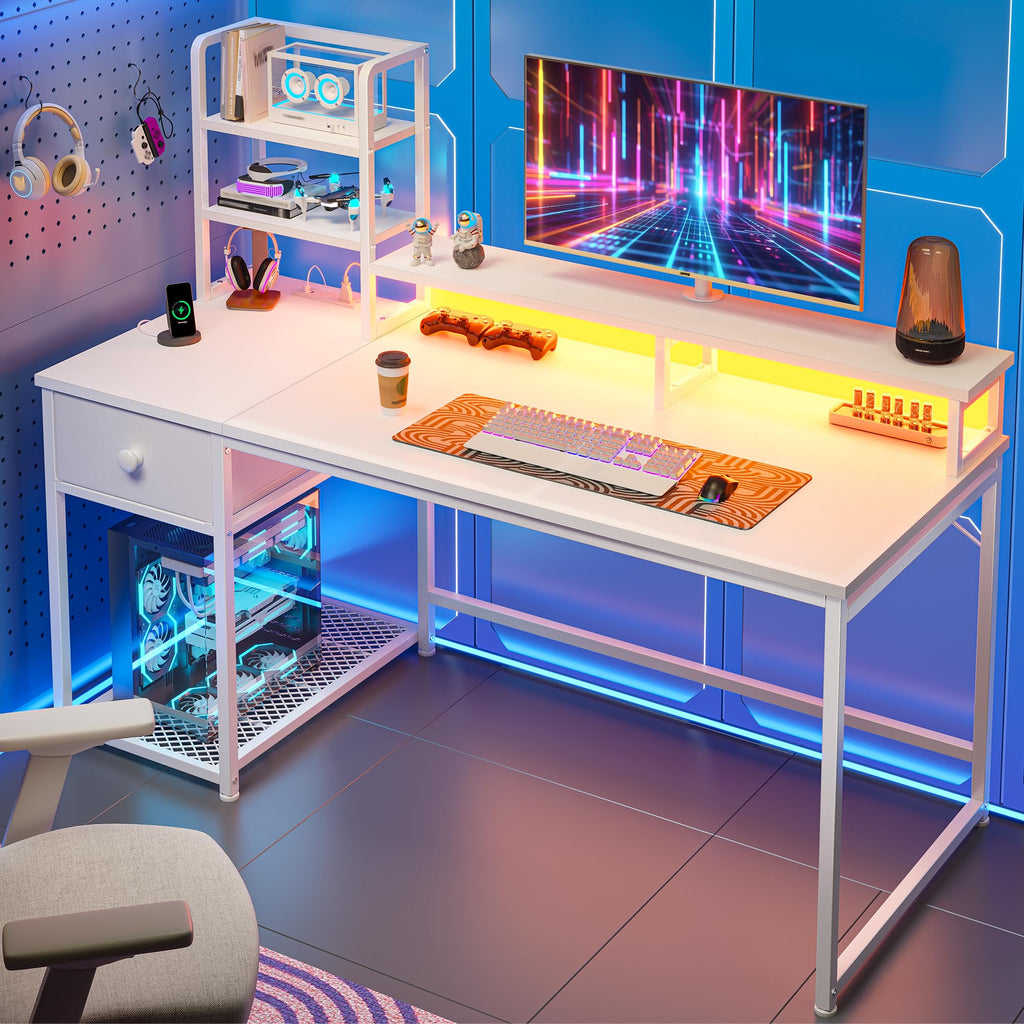 44" White Gaming Desk with Hutch & Shelves W290300