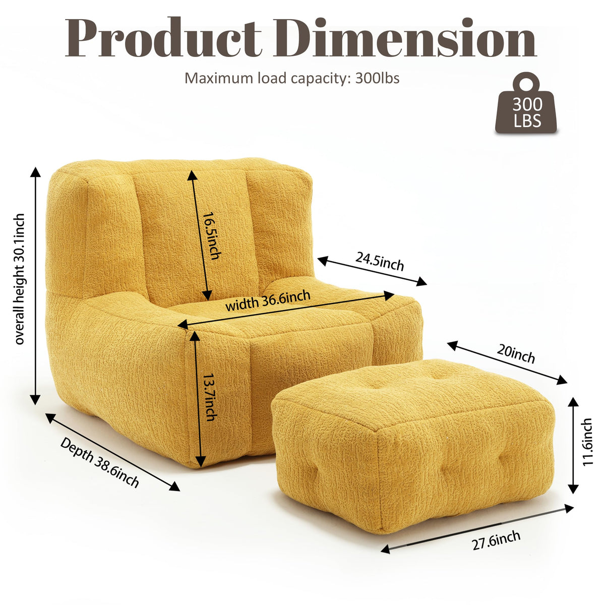 Yellow Memory Foam Bean Bag Chair with Ottoman K4940