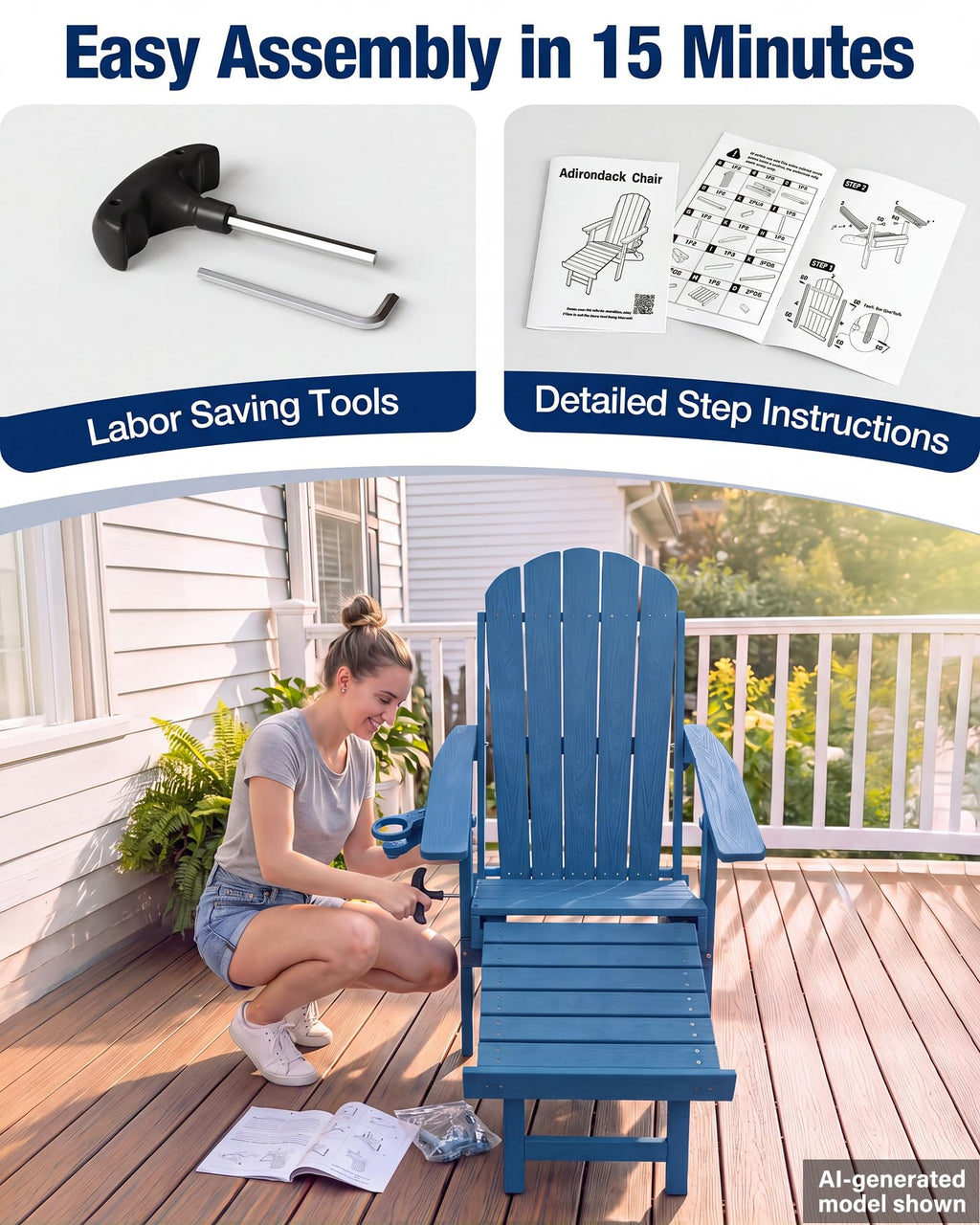 Blue HDPE Adirondack Chairs with Footrest Set of 4 Y97631