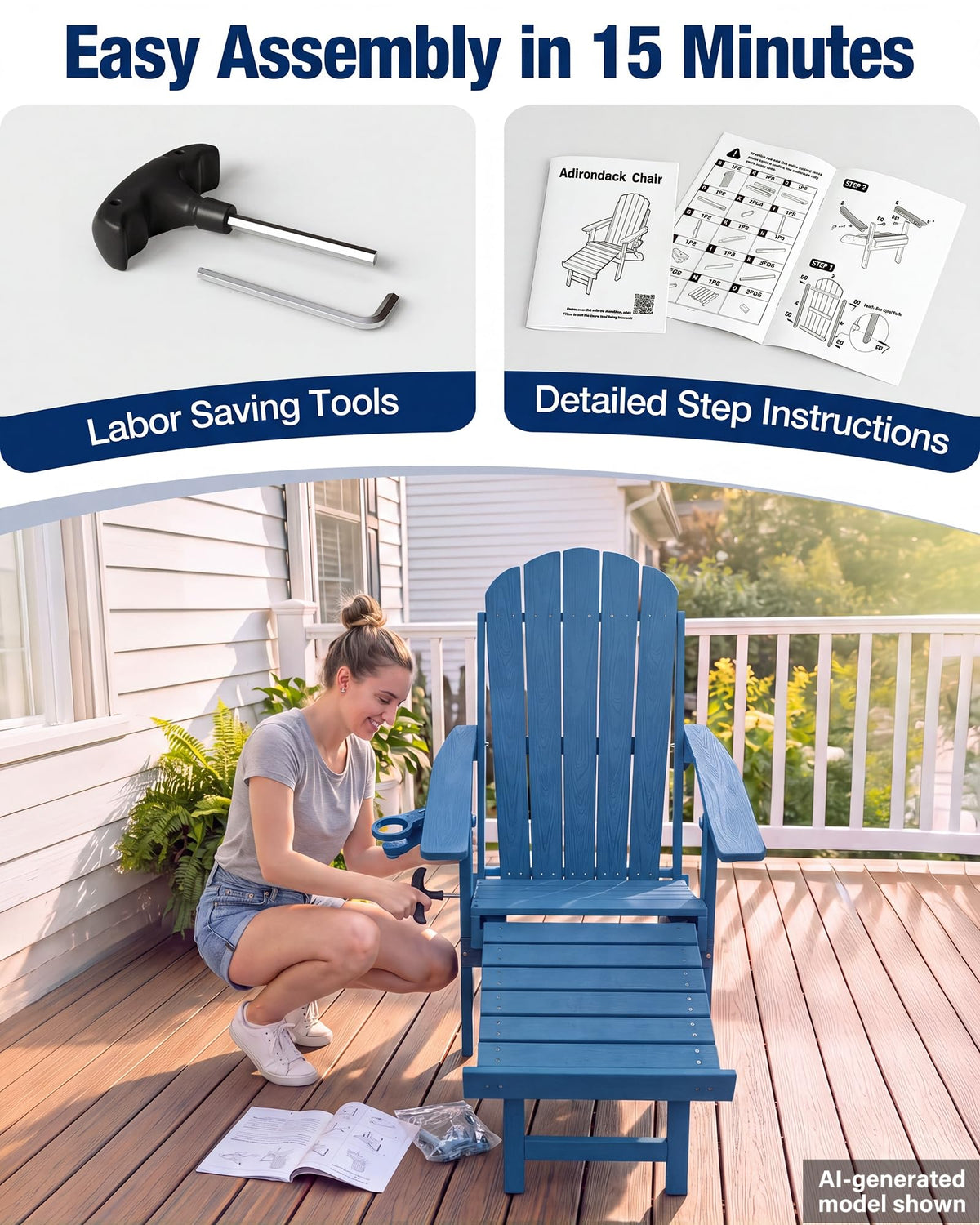Blue HDPE Adirondack Chairs with Footrest Set of 4 Y97631