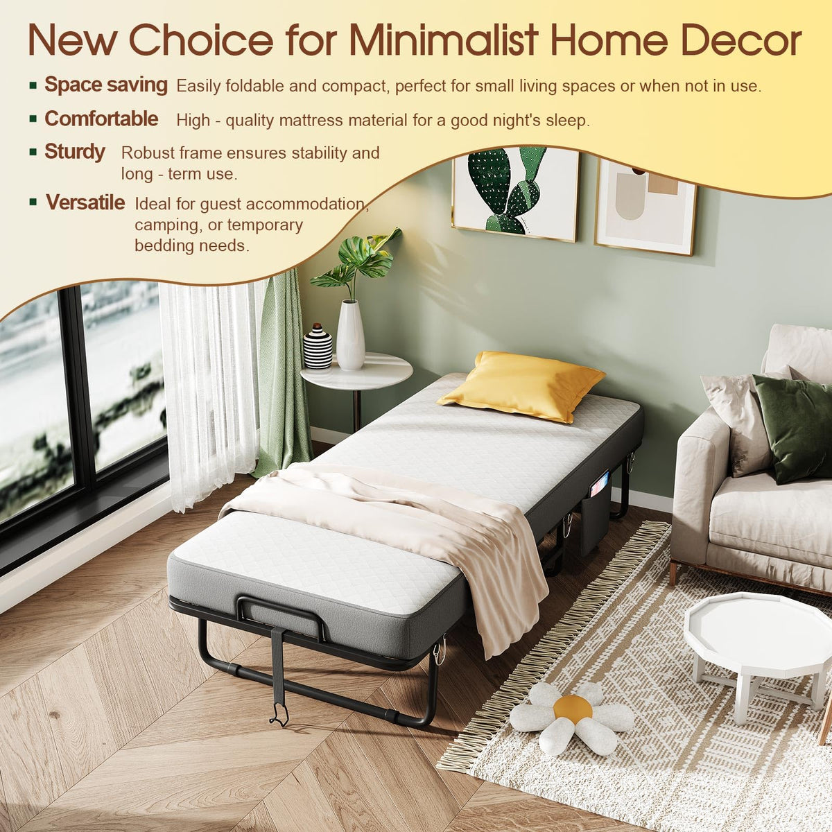 Folding Bed with Mattress, Memory Mattress Metal Frame Single Bed O11149