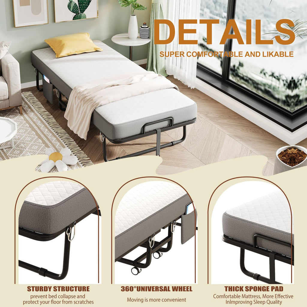 Folding Bed with Mattress, Memory Mattress Metal Frame Single Bed O11149