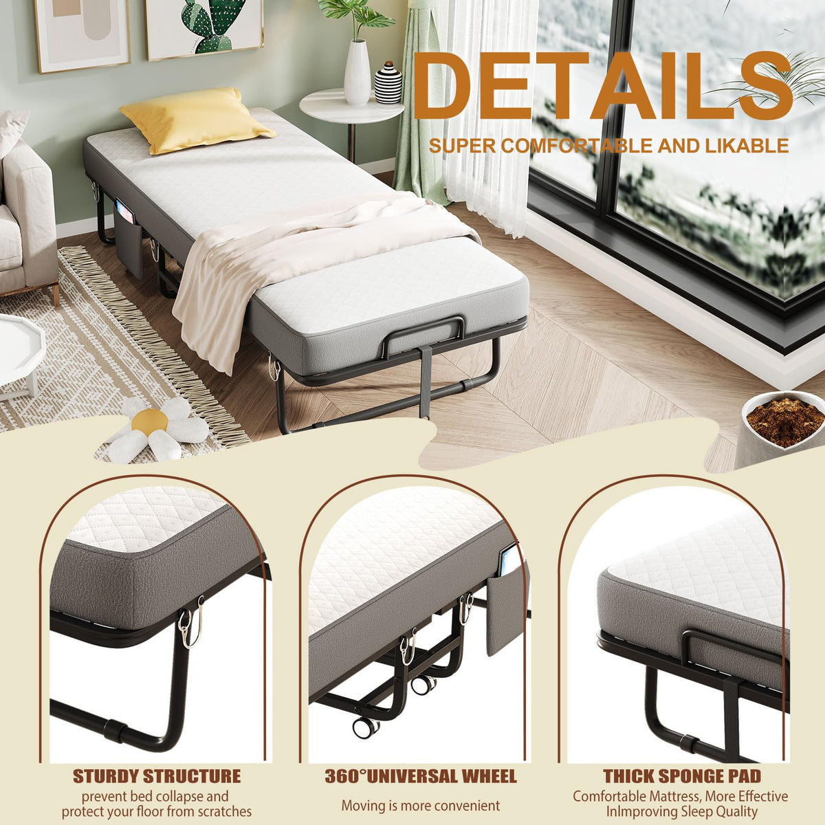 Folding Bed with Mattress, Memory Mattress Metal Frame Single Bed O11149