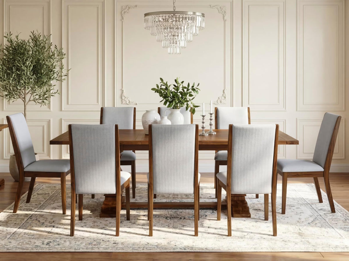 9 Piece Walnut Dining Room Set with 8 Grey Linen Chairs L31013