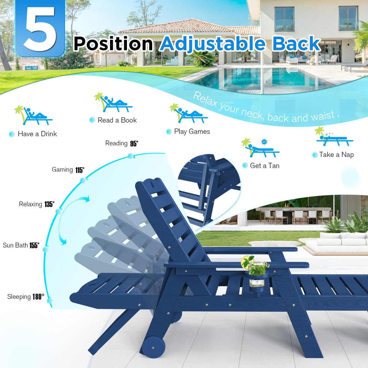 Set of 2 Outdoor Chaise Lounge Chairs with Wheels & Cup Holder Q4280