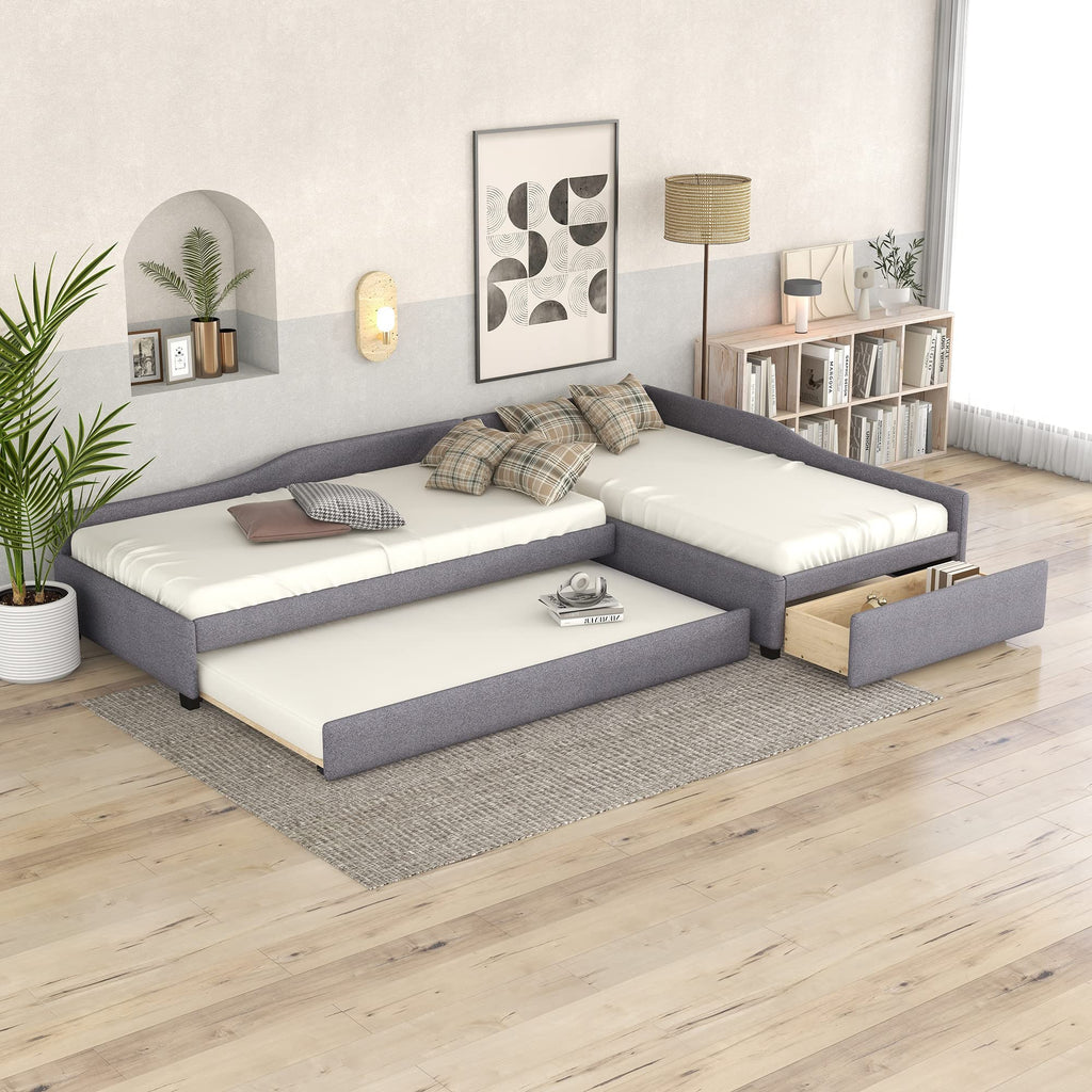 Gray Linen Upholstered Double Twin Size Daybed with Trundle and Drawer M6277