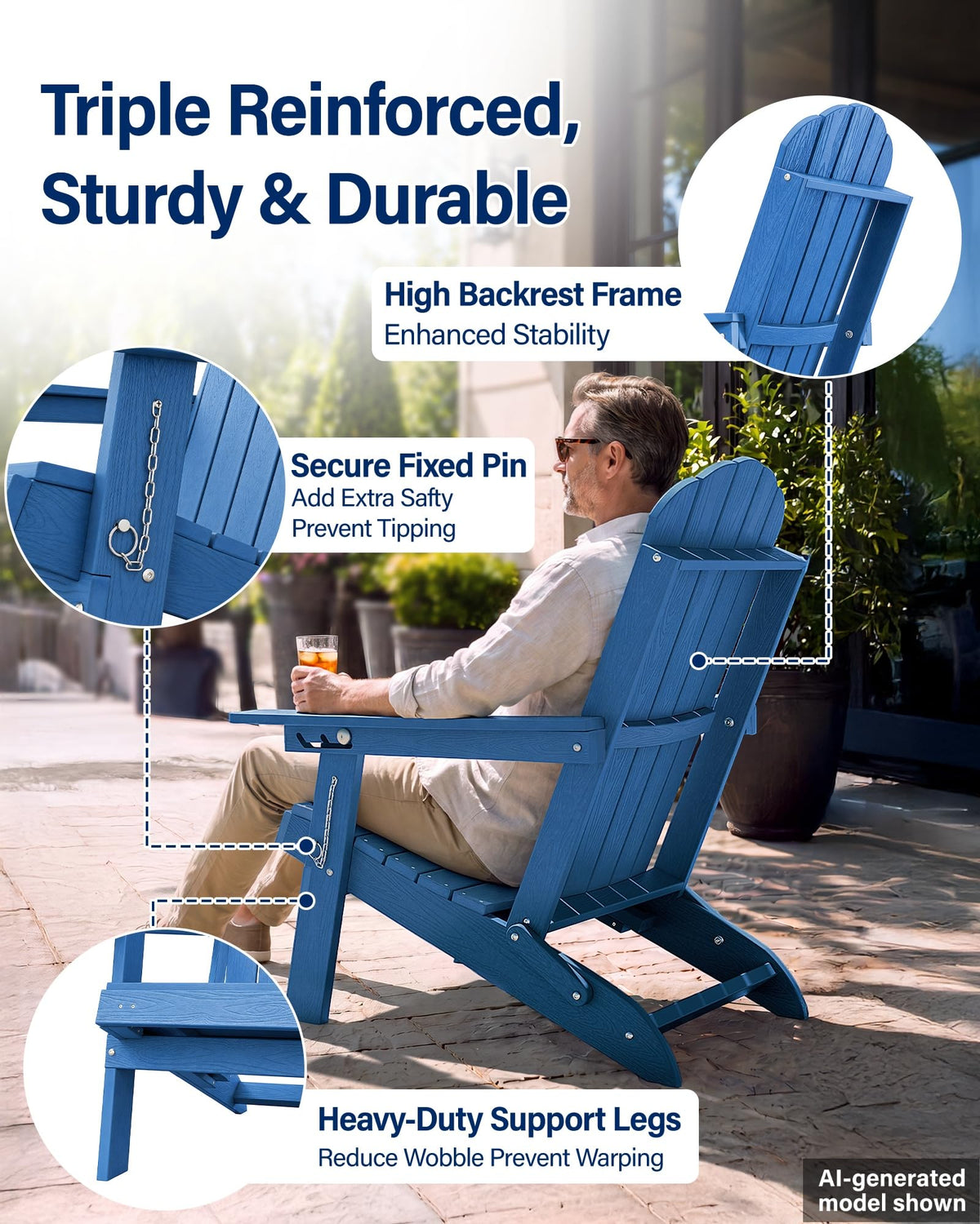 Blue HDPE Adirondack Chairs with Footrest Set of 4 Y97631